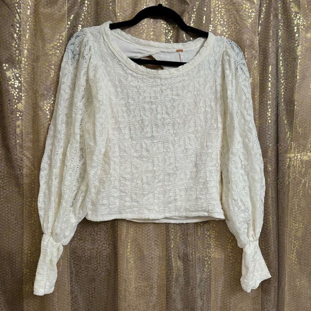 Free People Jasmine Tea Time Long Puff Lace Sleeve Open Back Top Ivory Medium